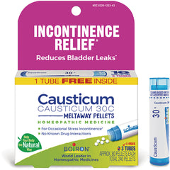 BRN126 | Causticum 30C meltaway pellets box and blue tube labeled Incontinence Relief, 3 tubes (1 free) approx 240 pellets