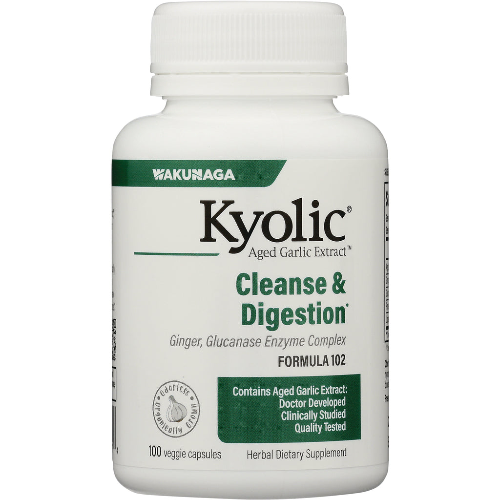 KY100 | Kyolic Cleanse & Digestion aged garlic extract bottle, white, 100 veggie capsules label - Thumbnail