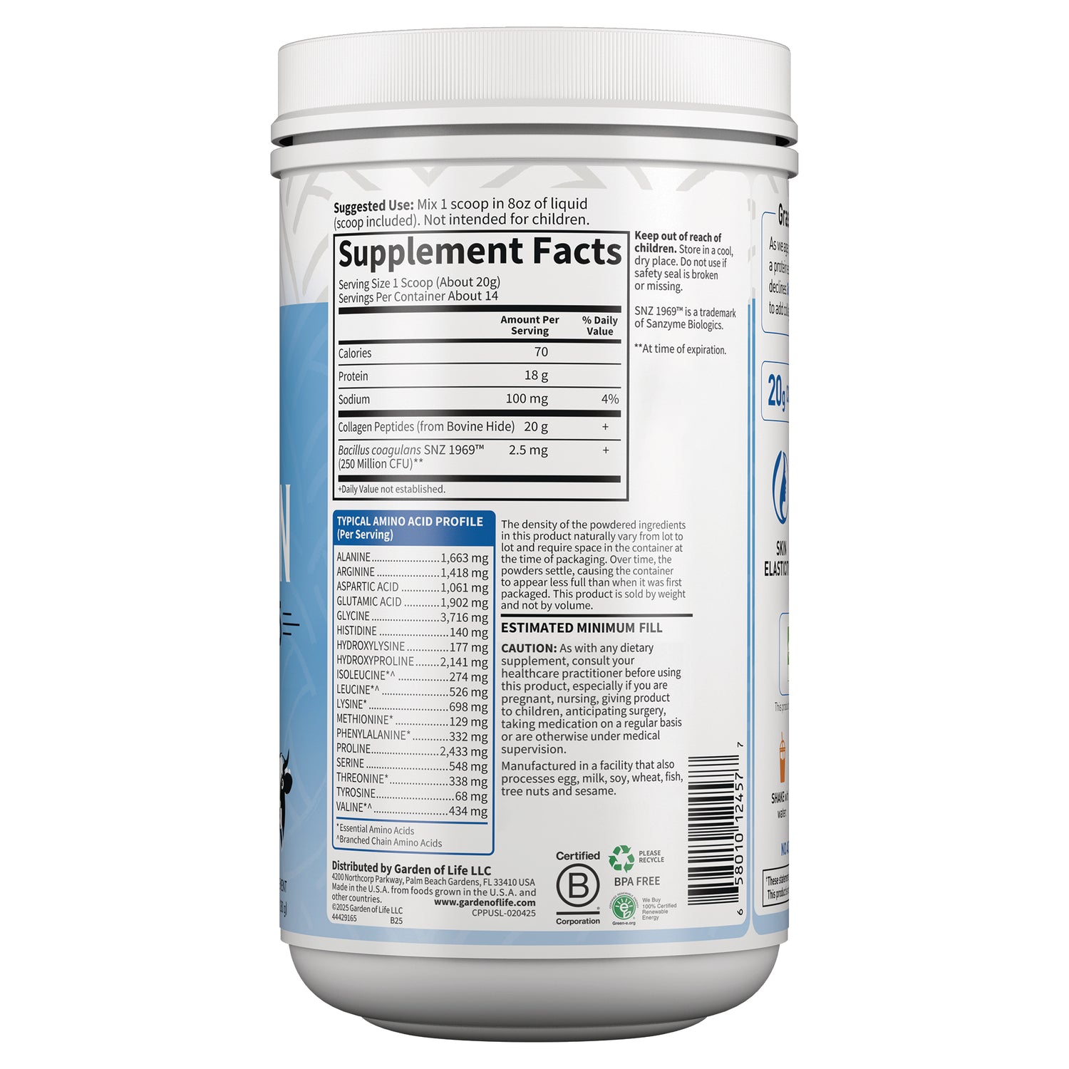 GLF279 | Back label showing Supplement Facts panel, typical amino acid profile and cautions on white supplement container