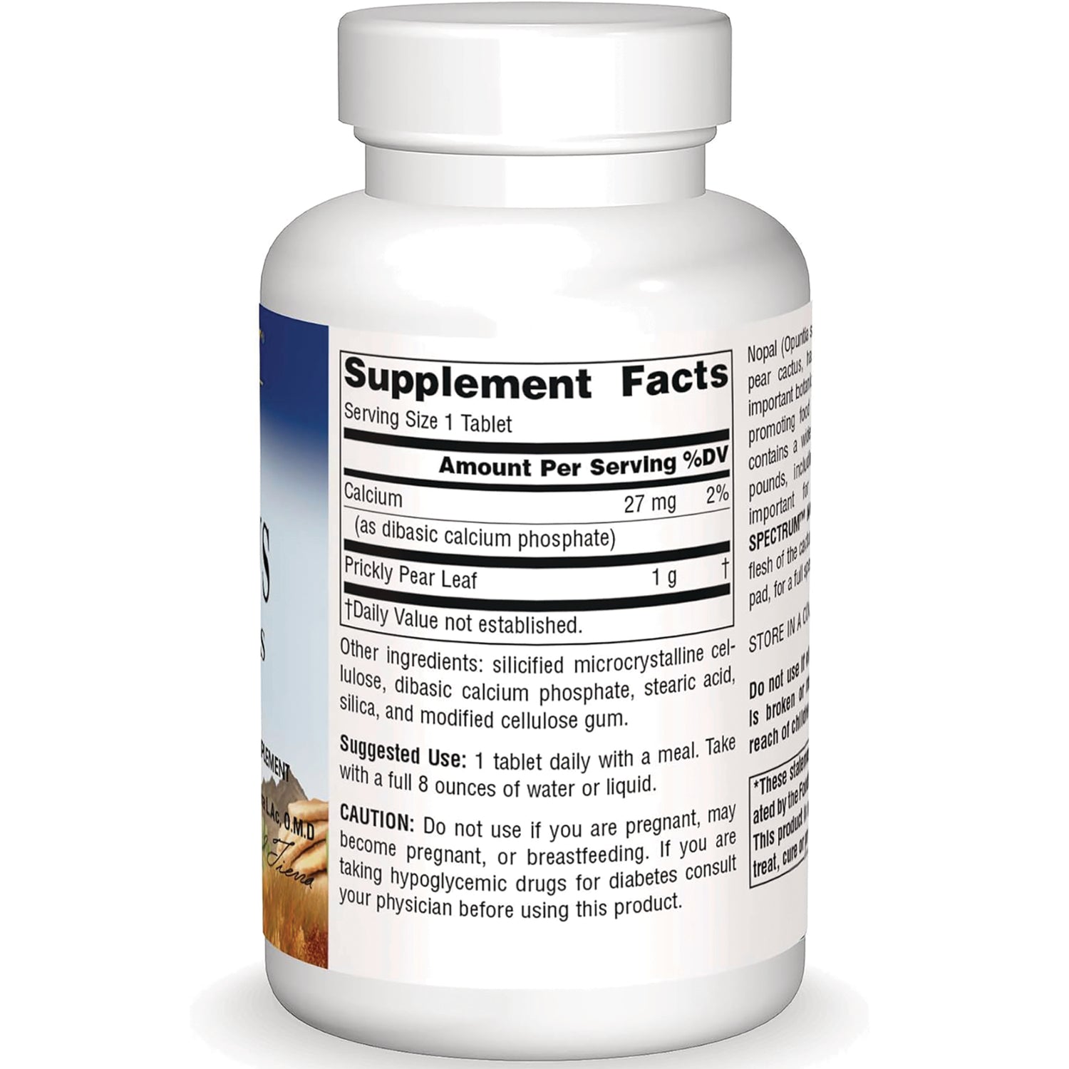 PF202 | bottle back showing Supplement Facts label with serving size 1 tablet, calcium and prickly pear leaf ingredients and caution text
