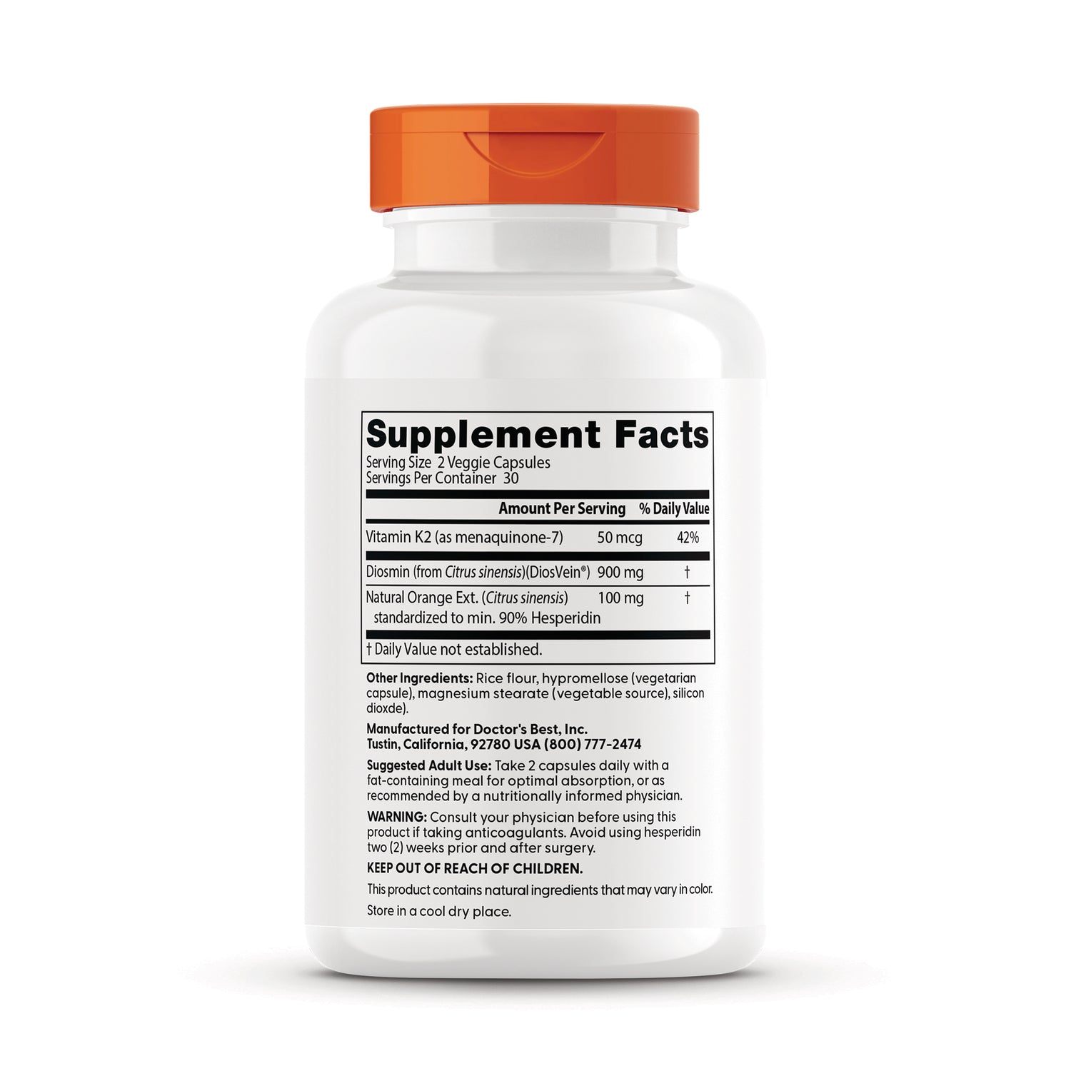 DB200 | Supplement facts panel and ingredient list on back of white supplement bottle with orange cap