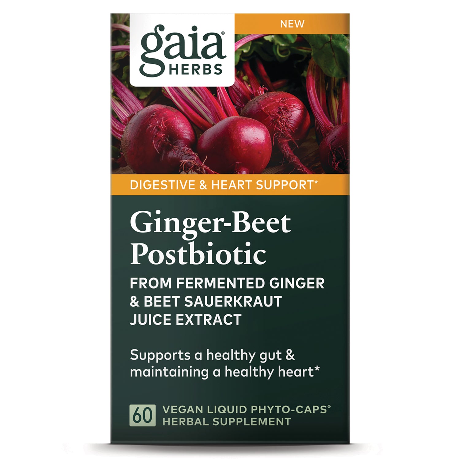 GH166 | Gaia Herbs Ginger-Beet Postbiotic supplement box with beet image and product name