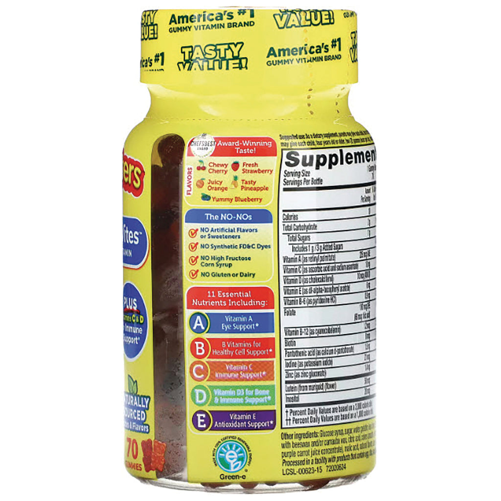 LCR006 | back label of yellow gummy vitamin bottle showing supplement facts panel and nutrient highlights - Thumbnail