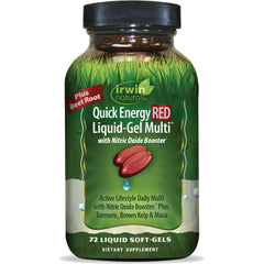 IR284 | Irwin Naturals Quick Energy RED liquid-gel multi supplement bottle labeled with Nitric Oxide Booster