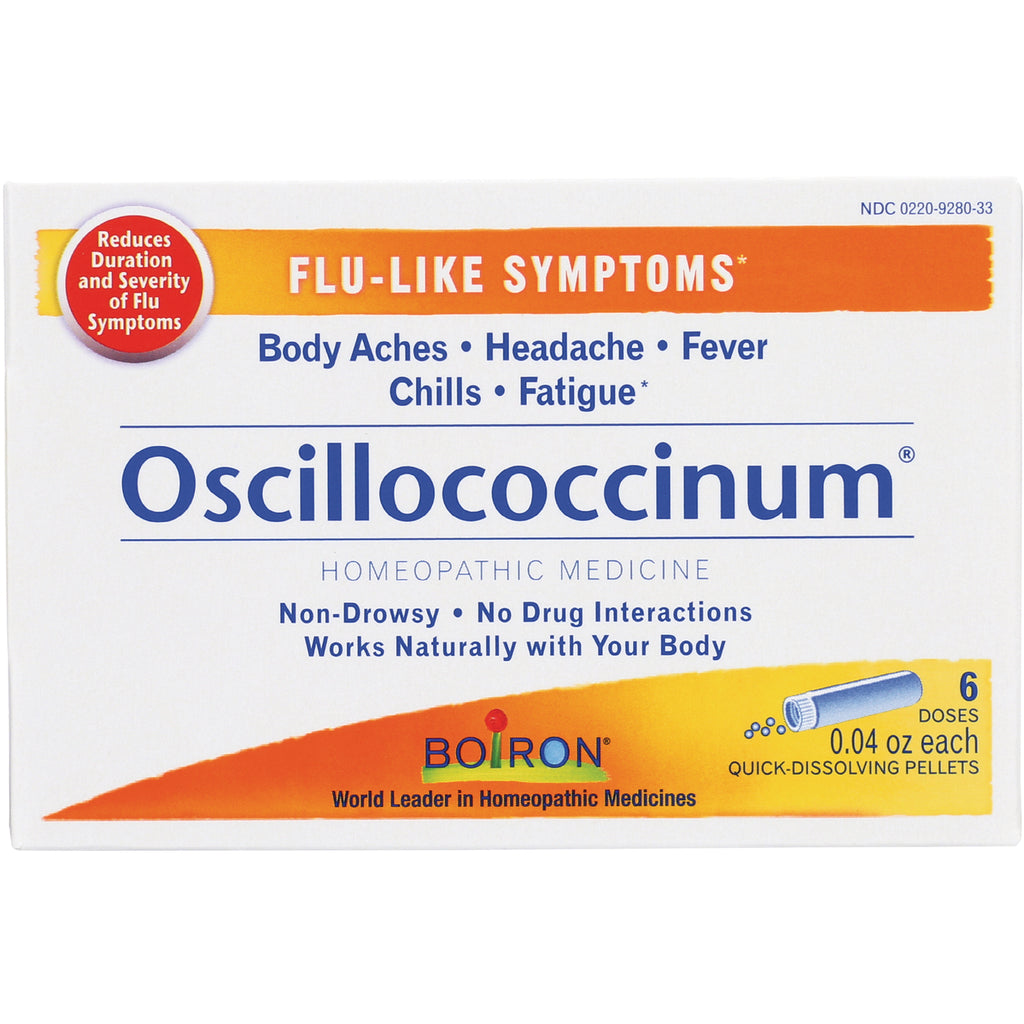 BRN003 | Oscillococcinum homeopathic medicine box for flu-like symptoms, Boiron branding, 6 quick-dissolving doses - Thumbnail