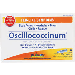 BRN003 | Oscillococcinum homeopathic medicine box for flu-like symptoms, Boiron branding, 6 quick-dissolving doses
