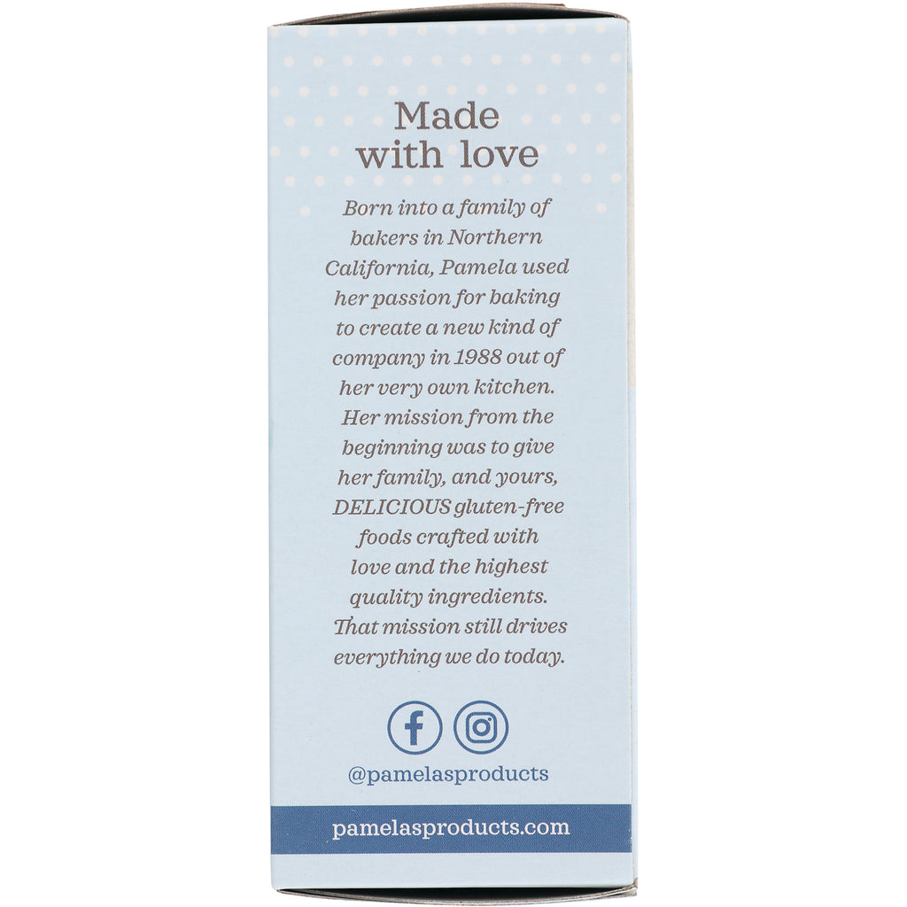 PAM012 | Back of light blue Pamela's Products box reading Made with love and company story with social icons and pamelasproducts.com - Thumbnail