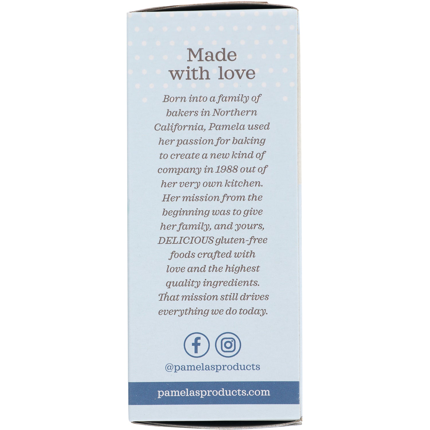 PAM012 | Back of light blue Pamela's Products box reading Made with love and company story with social icons and pamelasproducts.com