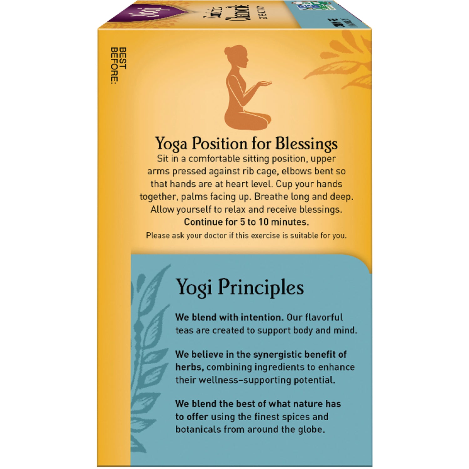 AHW026 | Product infographic with Yoga Position for Blessings instructions and Yogi Principles text