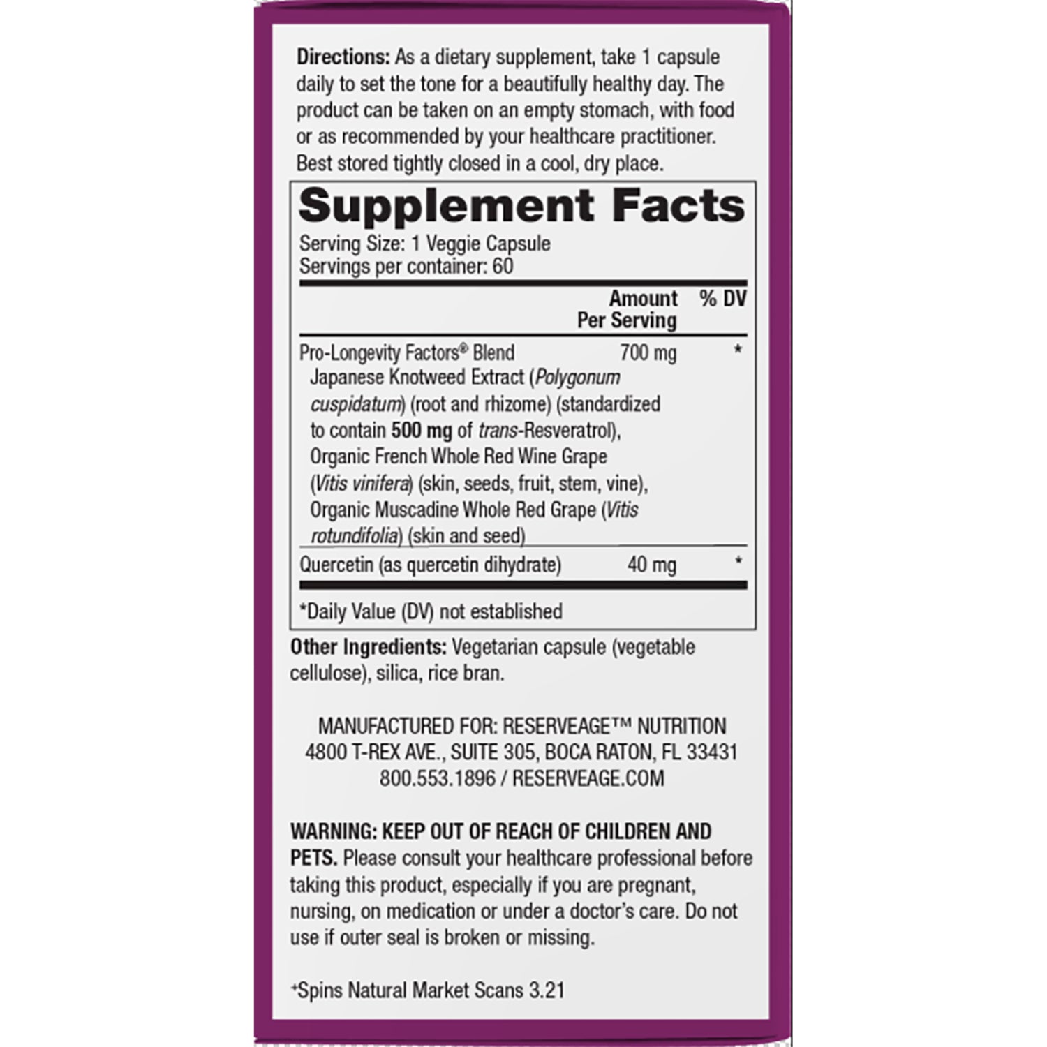 RSA003 | Back label showing Supplement Facts panel, directions, other ingredients, and warning text
