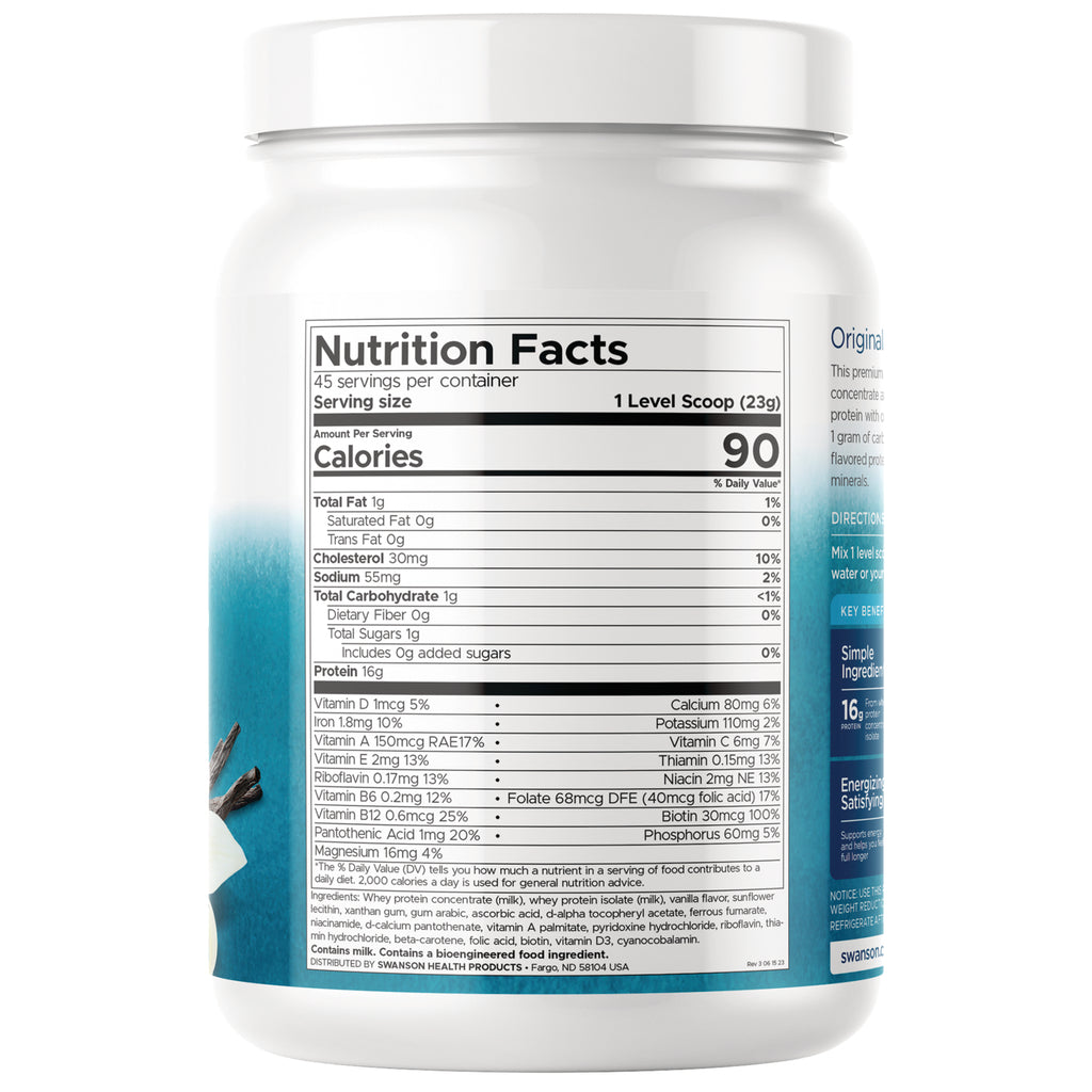 SW1233 | Back label with Nutrition Facts panel showing 1 level scoop (23 g) and 90 calories - Thumbnail