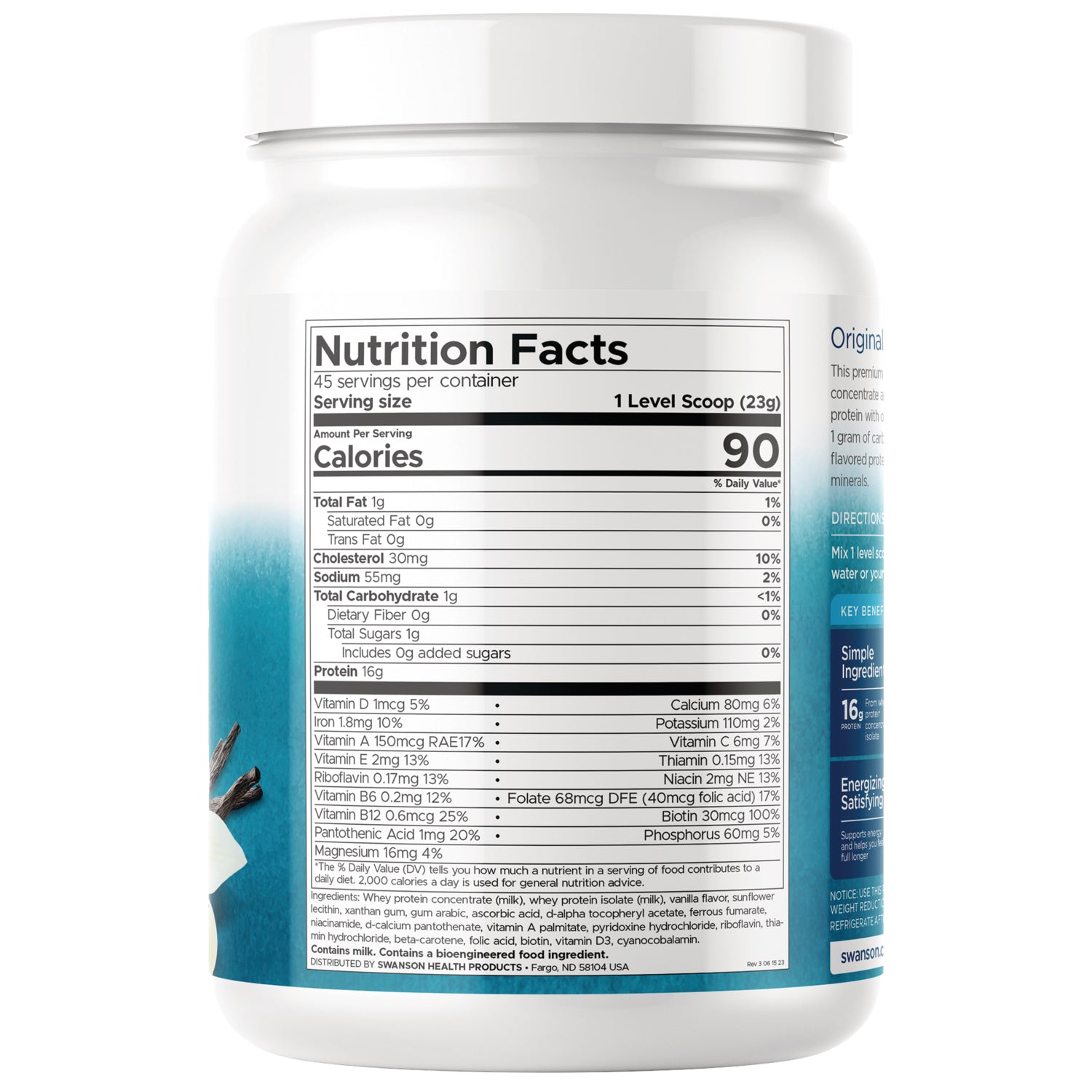SW1233 | Back label with Nutrition Facts panel showing 1 level scoop (23 g) and 90 calories