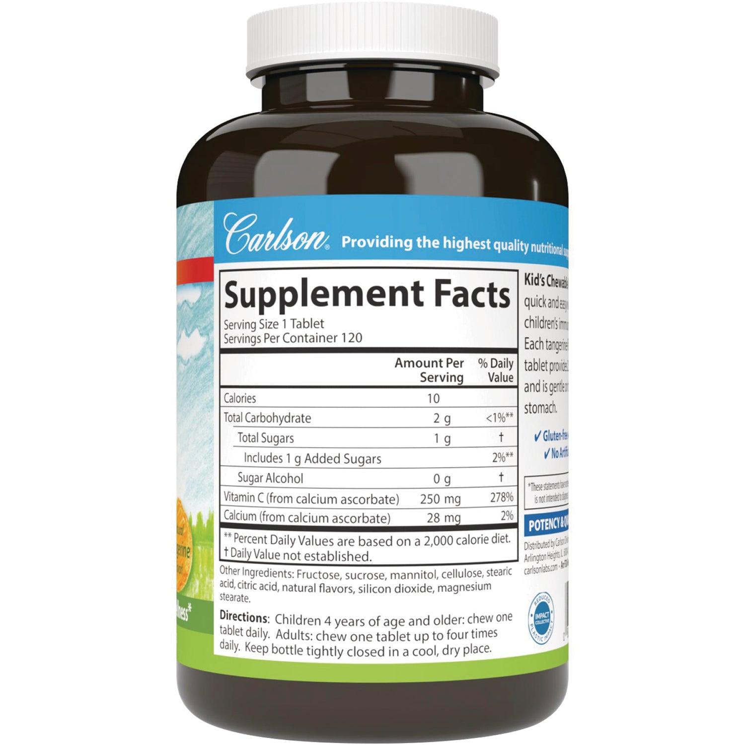 CSN088 | Bottle back showing Supplement Facts panel with serving size, vitamin C 250 mg, ingredients and directions