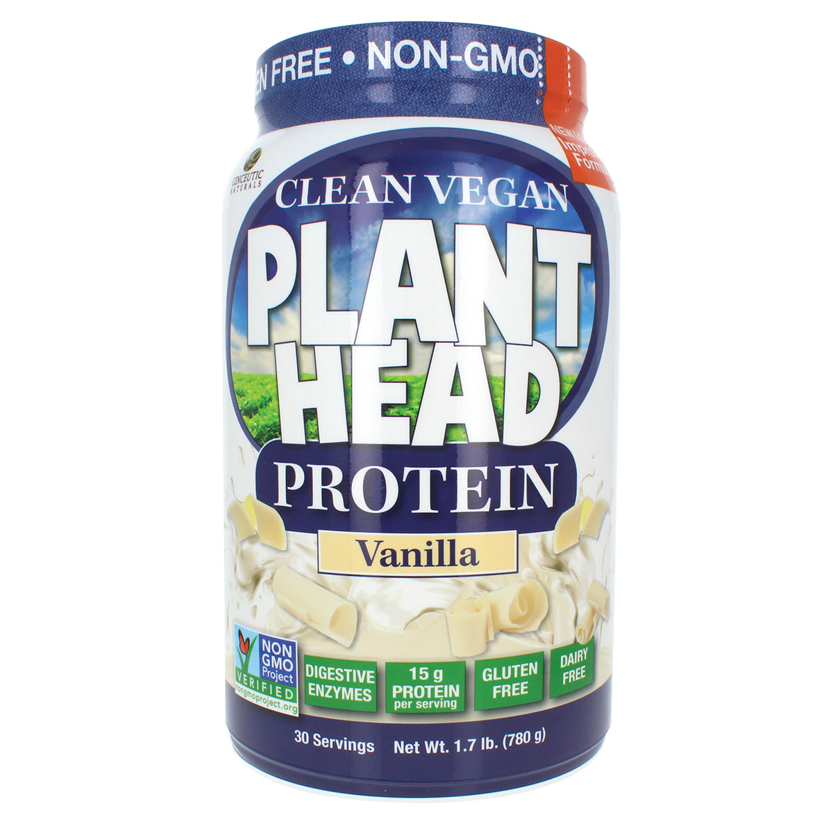 GNN014 | Clean Vegan PLANT HEAD Protein vanilla powder tub front label showing 15 g protein, gluten free, dairy free