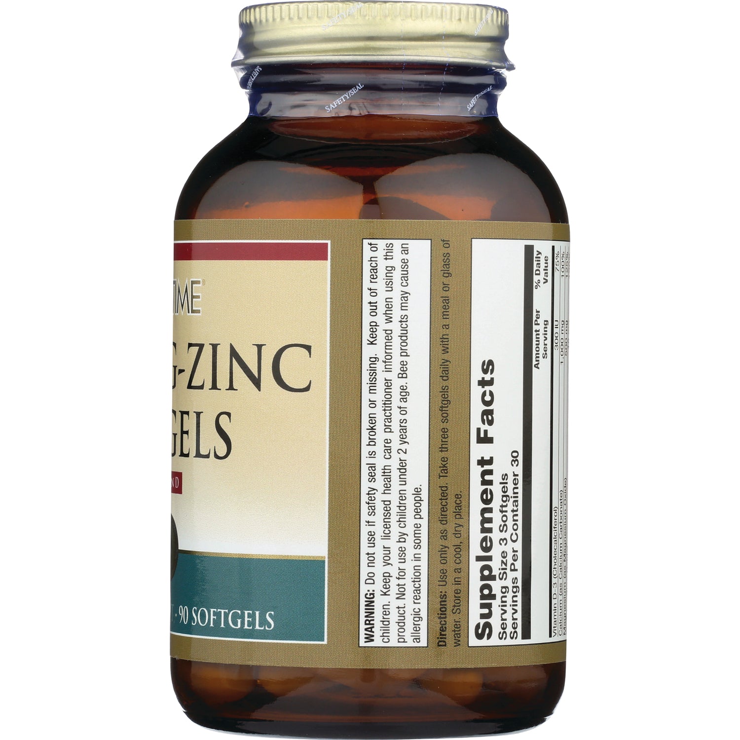 LFT007 | Back view of brown glass supplement bottle showing Supplement Facts panel and partial label for zinc softgels