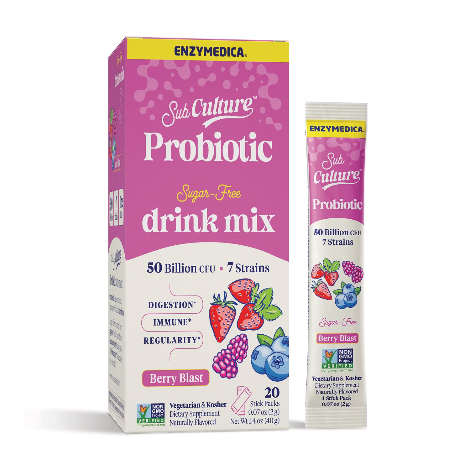EMD106 | Enzymedica SubCulture Probiotic Drink Mix box and single serving stick pack, pink label, berry blast flavor, 20 stick packs