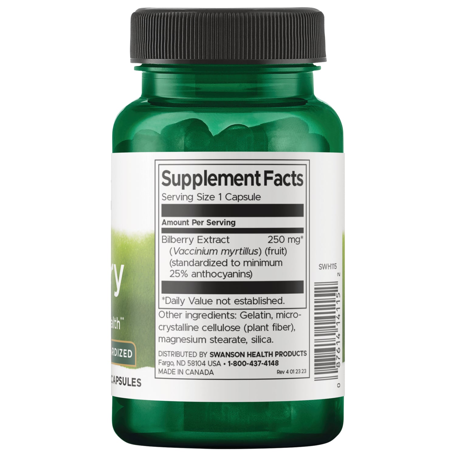 SWH115 | Supplement Facts panel for bilberry extract 250 mg capsules on back label
