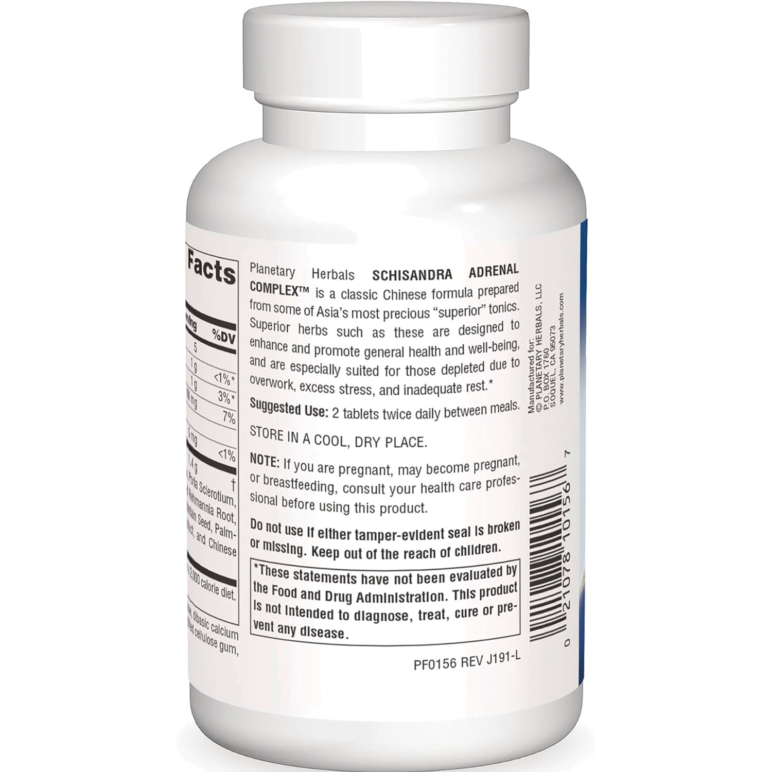 PF075 | Back label of white supplement bottle showing supplement facts, suggested use, warnings, and barcode