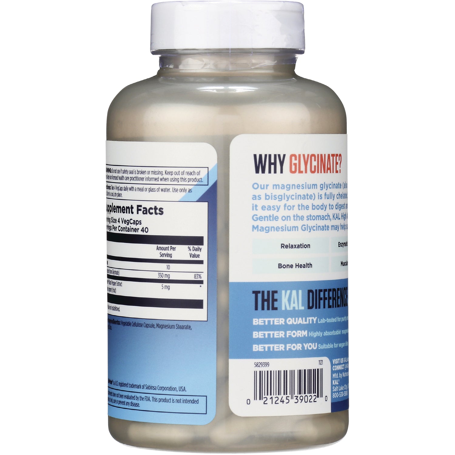 KL564 | back label of magnesium glycinate supplement bottle showing supplement facts panel, product information and barcode