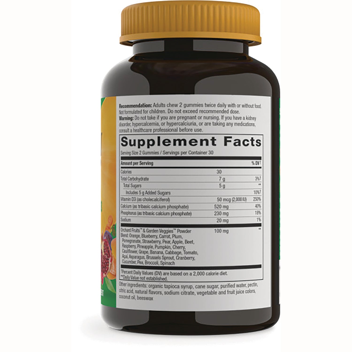 NW871 | Back of brown supplement bottle with yellow cap showing Supplement Facts panel and ingredients label