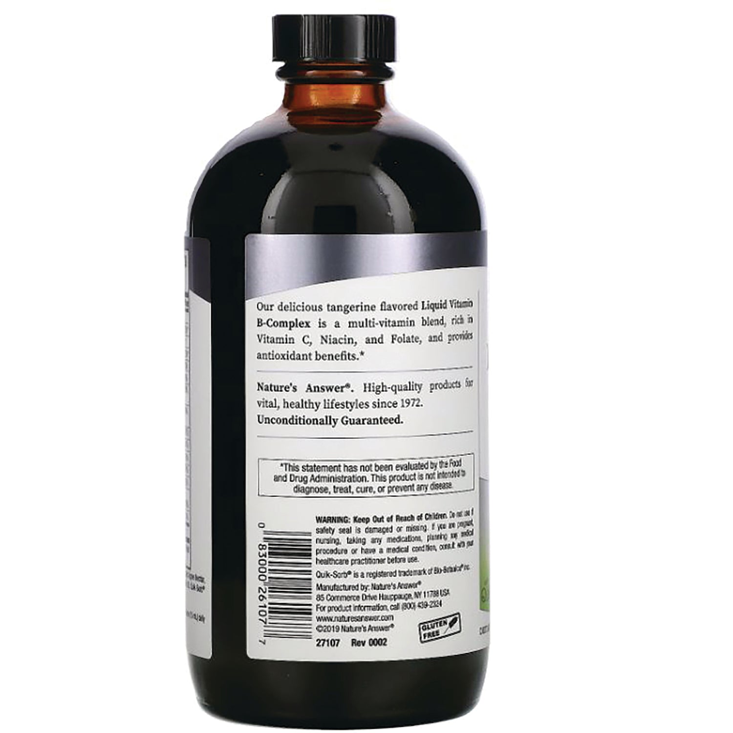 NAT107 | back of amber supplement bottle label showing product description, barcode and warning text