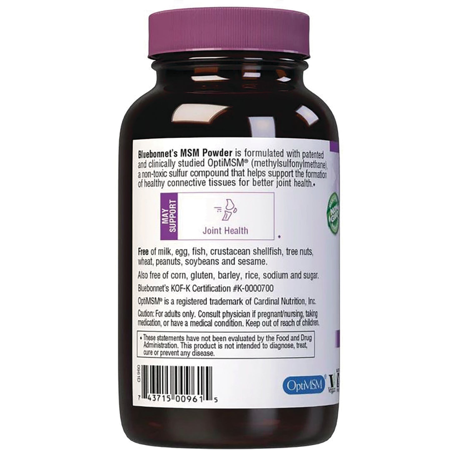 BLU101 | Back label of dark supplement bottle showing Bluebonnet's MSM Powder description, joint health panel, allergen info and barcode