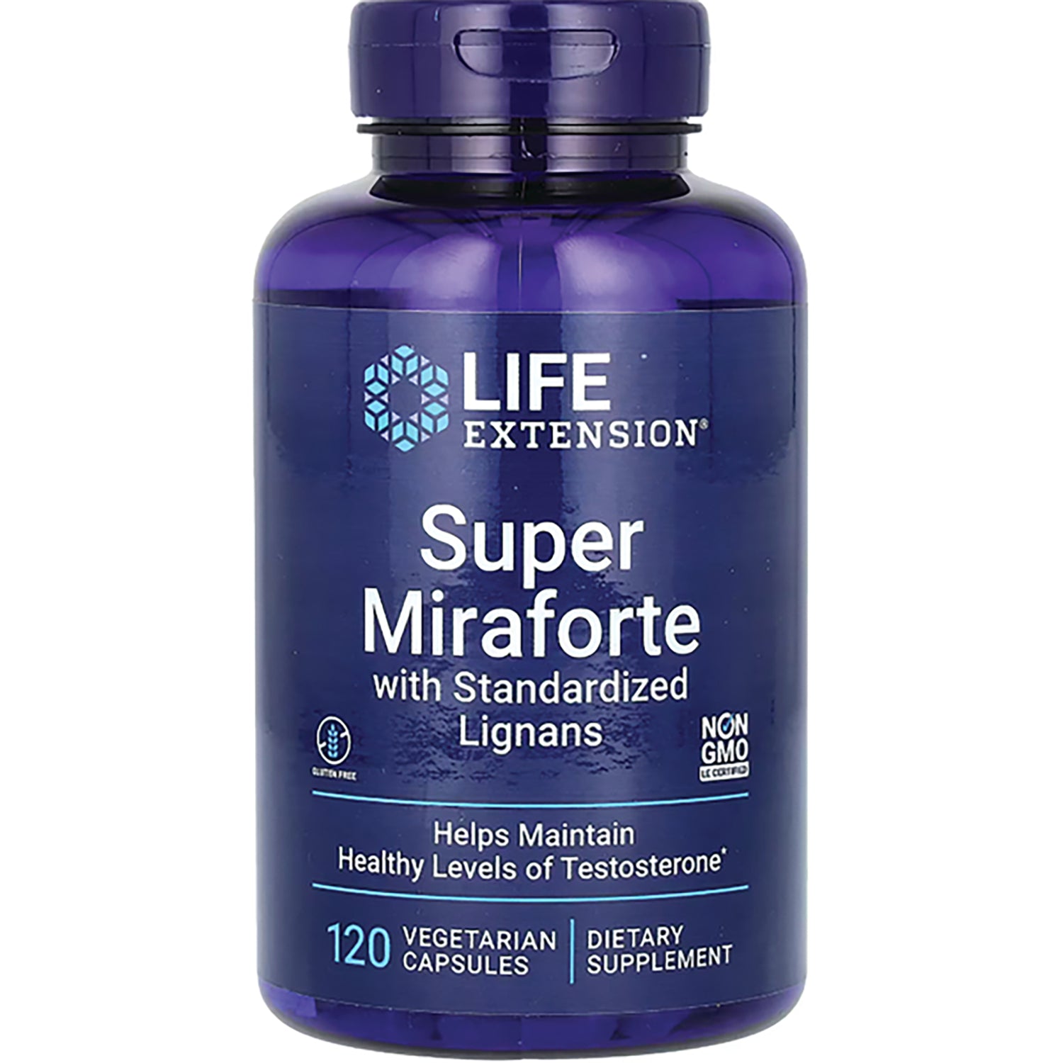 LE399 | Life Extension Super Miraforte bottle front label, 120 vegetarian capsules, helps maintain healthy testosterone levels
