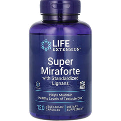 LE399 | Life Extension Super Miraforte bottle front label, 120 vegetarian capsules, helps maintain healthy testosterone levels