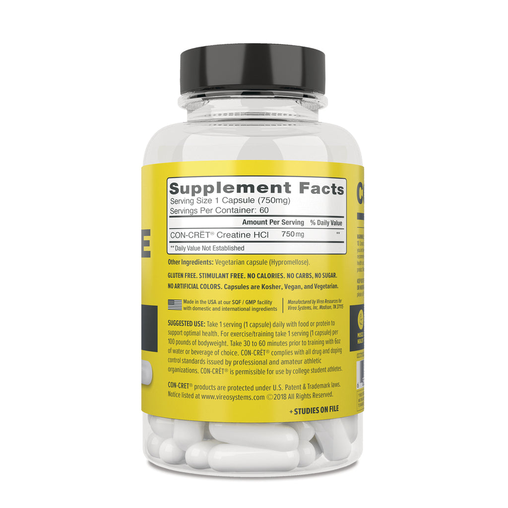 CNC006 | Back label of CON-CRET Creatine HCl capsule bottle with Supplement Facts and suggested use - Thumbnail