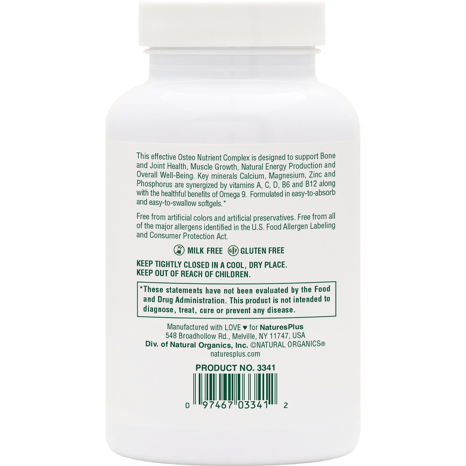 NTP133 | Back label of white supplement bottle showing ingredient and warning text, milk free and gluten free icons and barcode