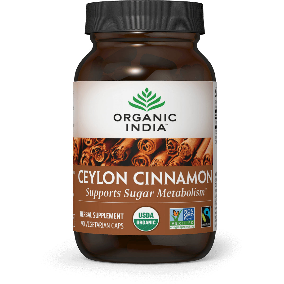 RGN076 | Organic India Ceylon Cinnamon supplement bottle front showing label Supports Sugar Metabolism and certification seals