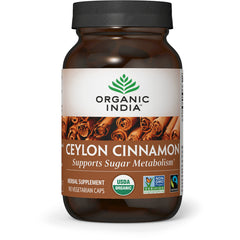 RGN076 | Organic India Ceylon Cinnamon supplement bottle front showing label Supports Sugar Metabolism and certification seals