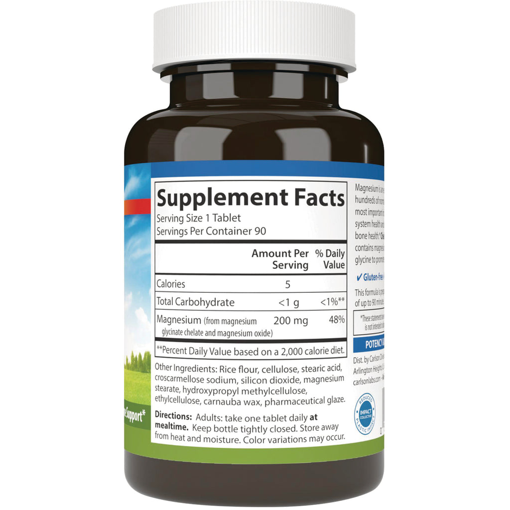 CSN199 | Back label showing Supplement Facts panel with Serving Size 1 Tablet, Magnesium 200 mg, ingredients and directions - Thumbnail