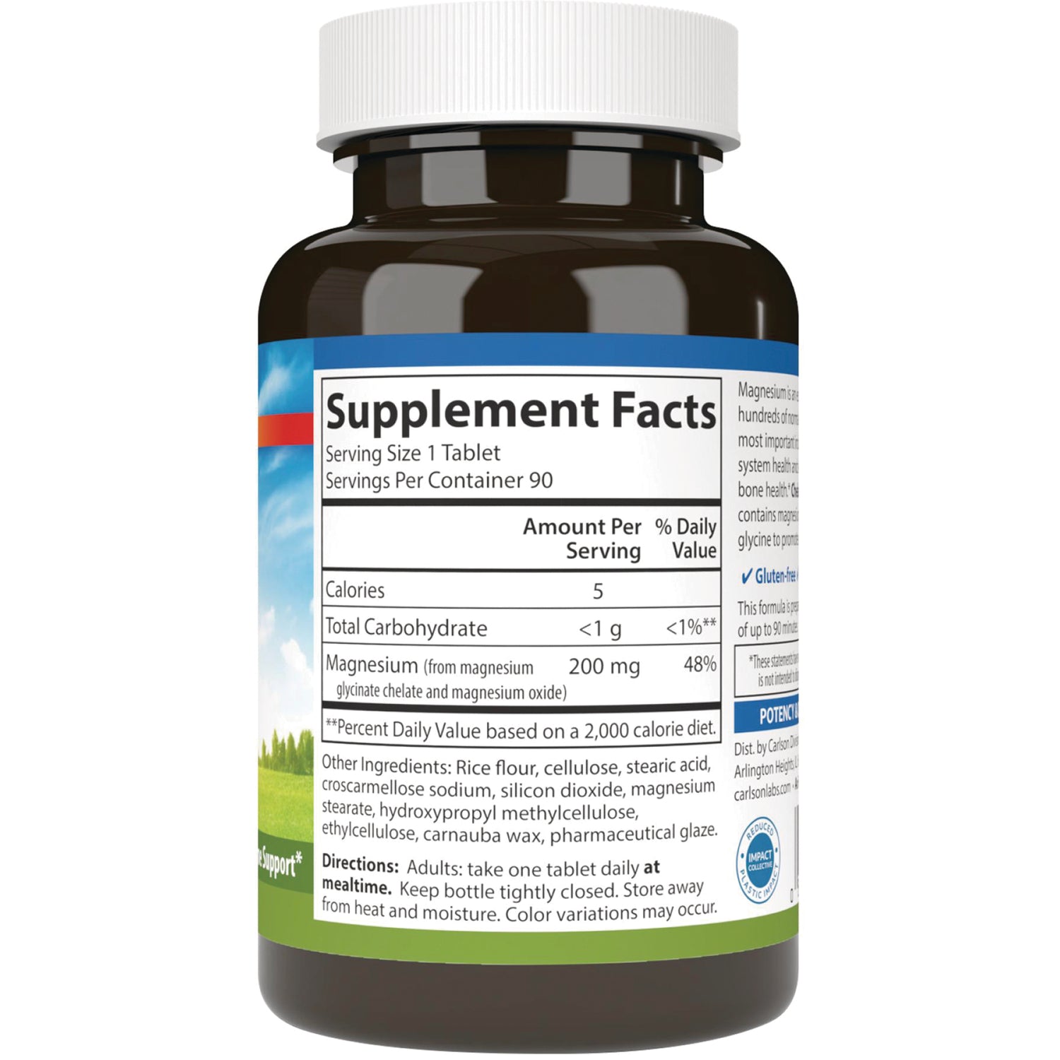 CSN199 | Back label showing Supplement Facts panel with Serving Size 1 Tablet, Magnesium 200 mg, ingredients and directions