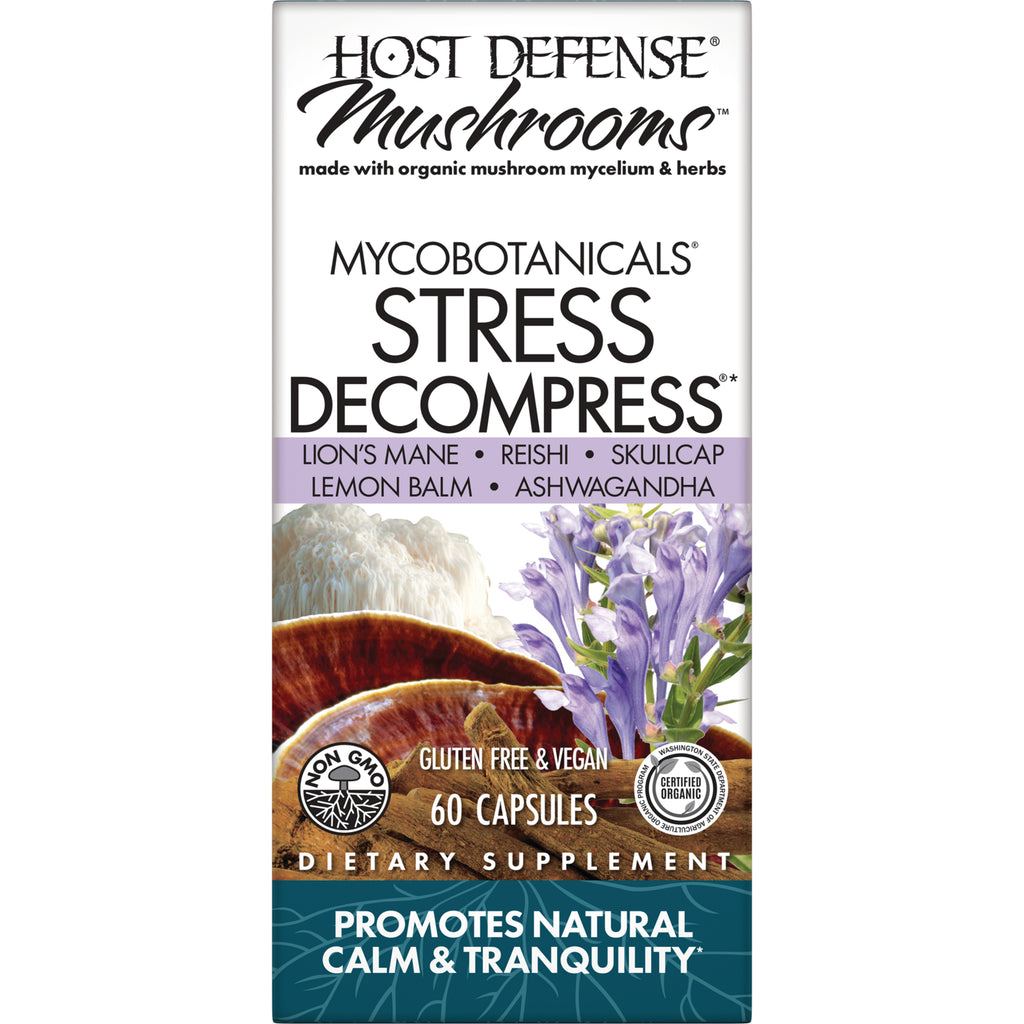 Host Defense Mushrooms Mycobotanicals Stress Decompress supplement box showing 60 capsules and ingredients like lion's mane, reishi, lemon balm - Thumbnail