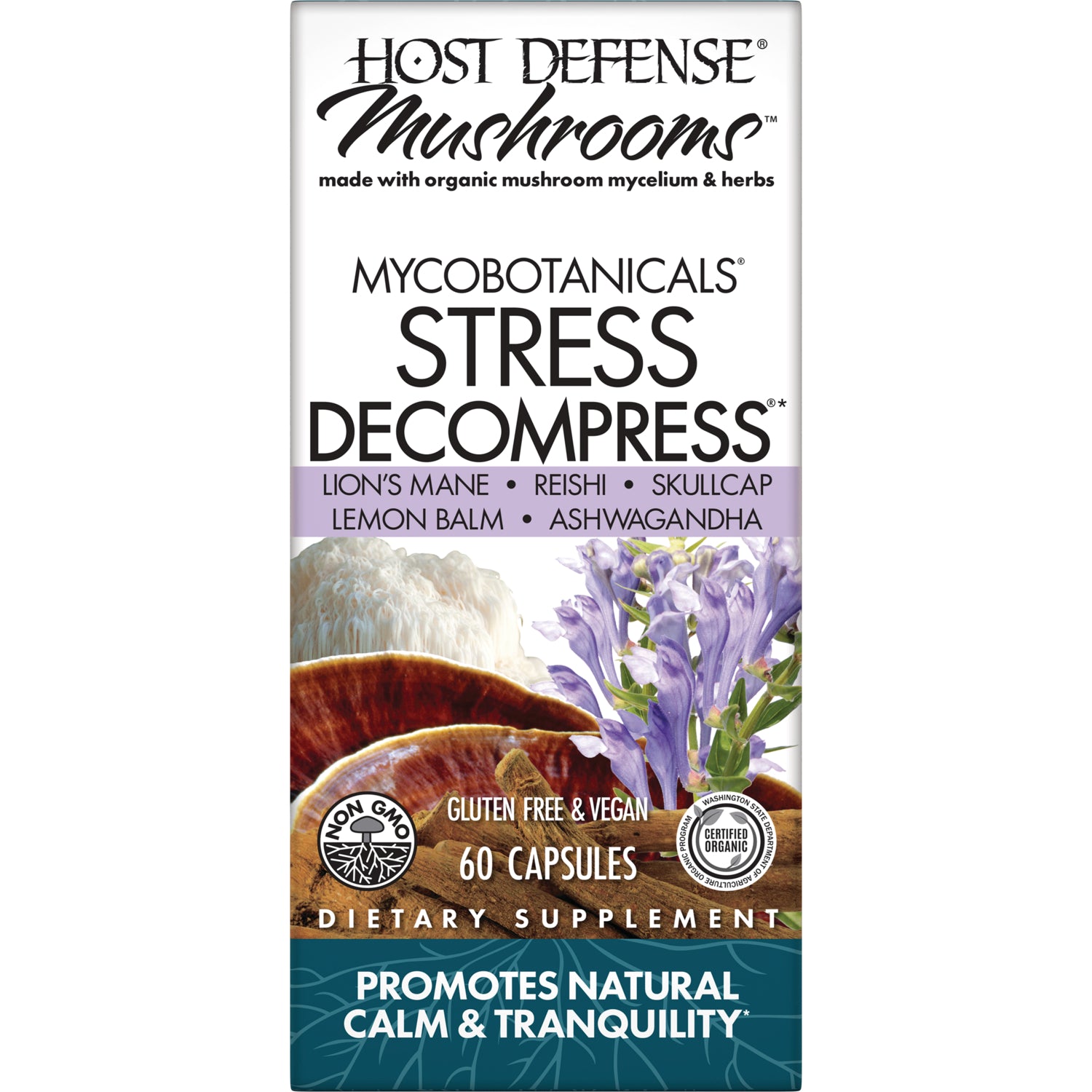 Host Defense Mushrooms Mycobotanicals Stress Decompress supplement box showing 60 capsules and ingredients like lion's mane, reishi, lemon balm