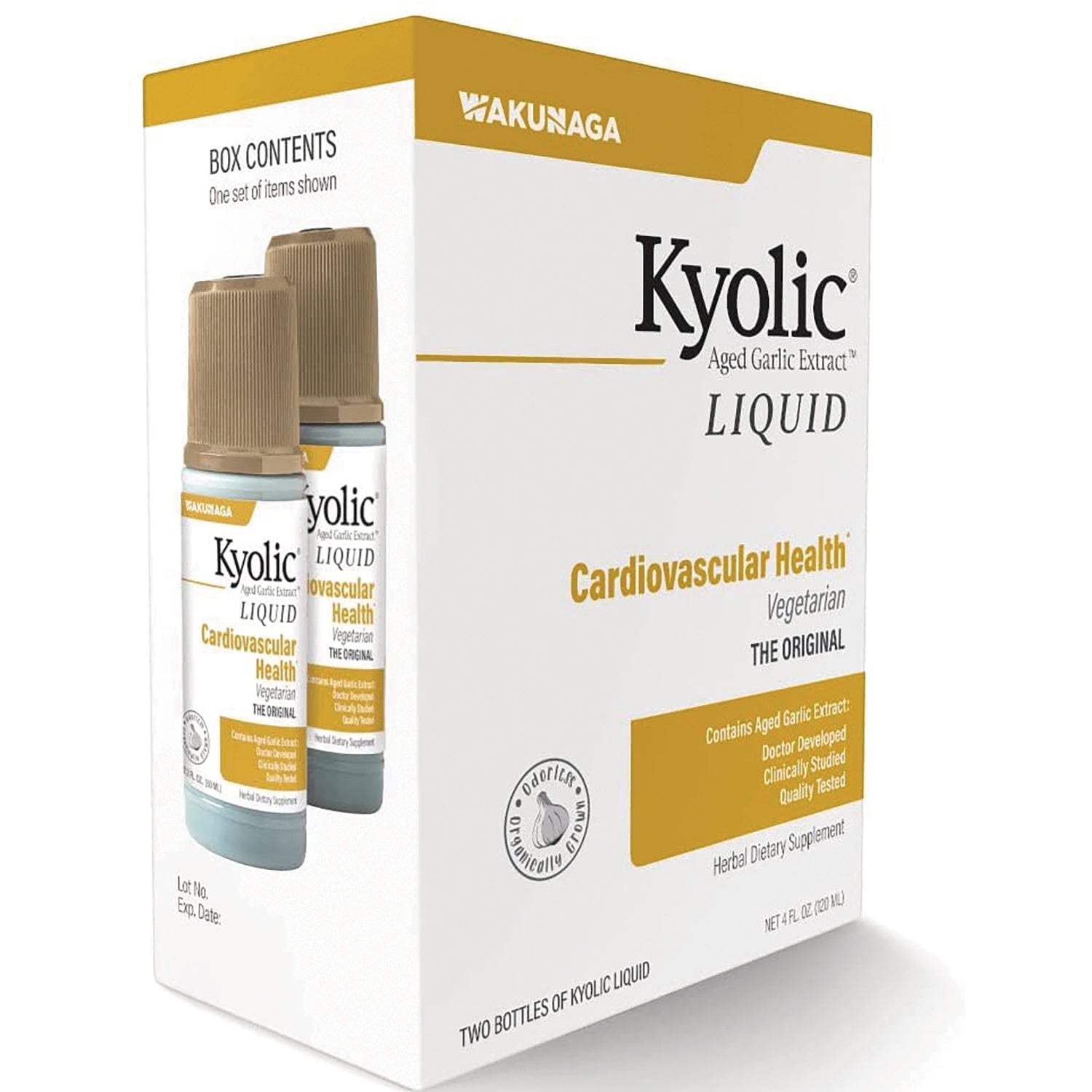 KY005 | Kyolic Liquid Cardiovascular Health box showing packaging and two bottles