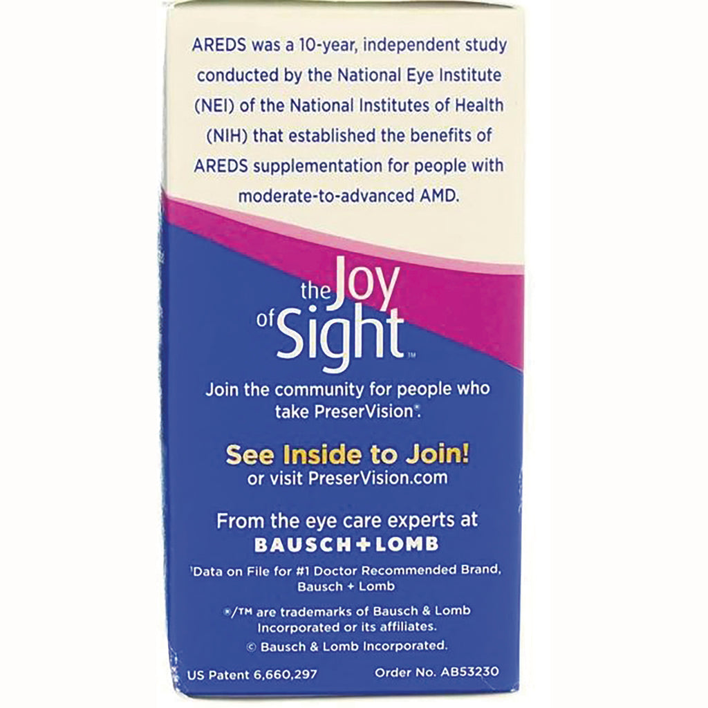 BNL020 | Back of blue PreserVision box showing the Joy of Sight text, BAUSCH + LOMB branding and join information - Thumbnail