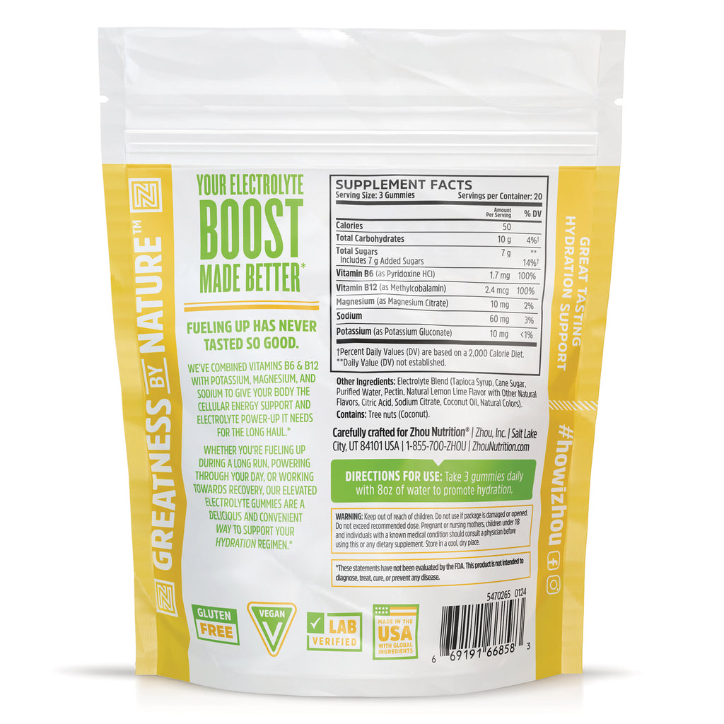 ZOU079 | Back of Zhou electrolyte gummies pouch with Supplement Facts, ingredients, directions, and certifications - Thumbnail