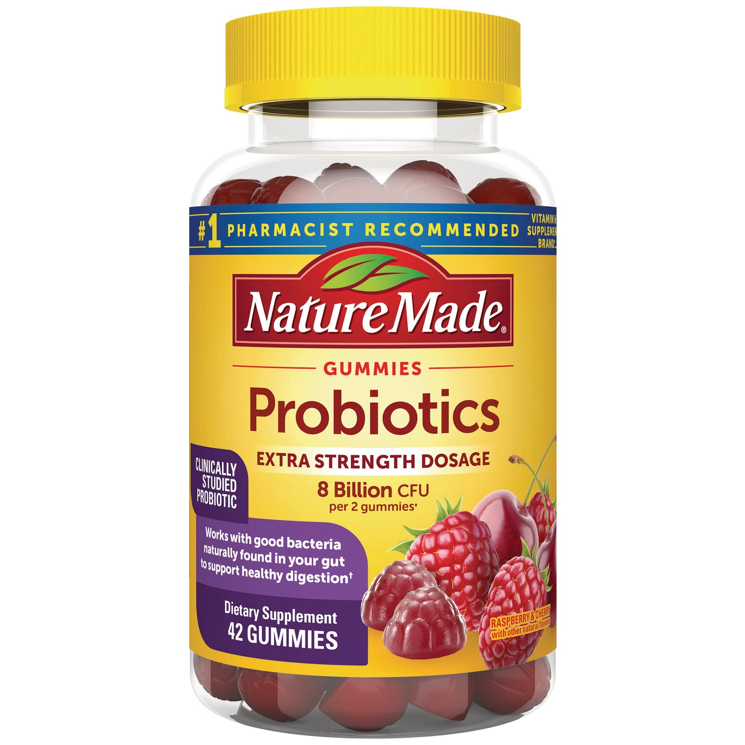 NTM191 | Nature Made Probiotics gummies bottle, extra strength 8 Billion CFU per 2 gummies, 42 gummies, raspberry cherry