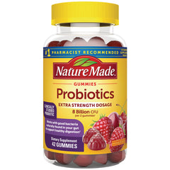 NTM191 | Nature Made Probiotics gummies bottle, extra strength 8 Billion CFU per 2 gummies, 42 gummies, raspberry cherry