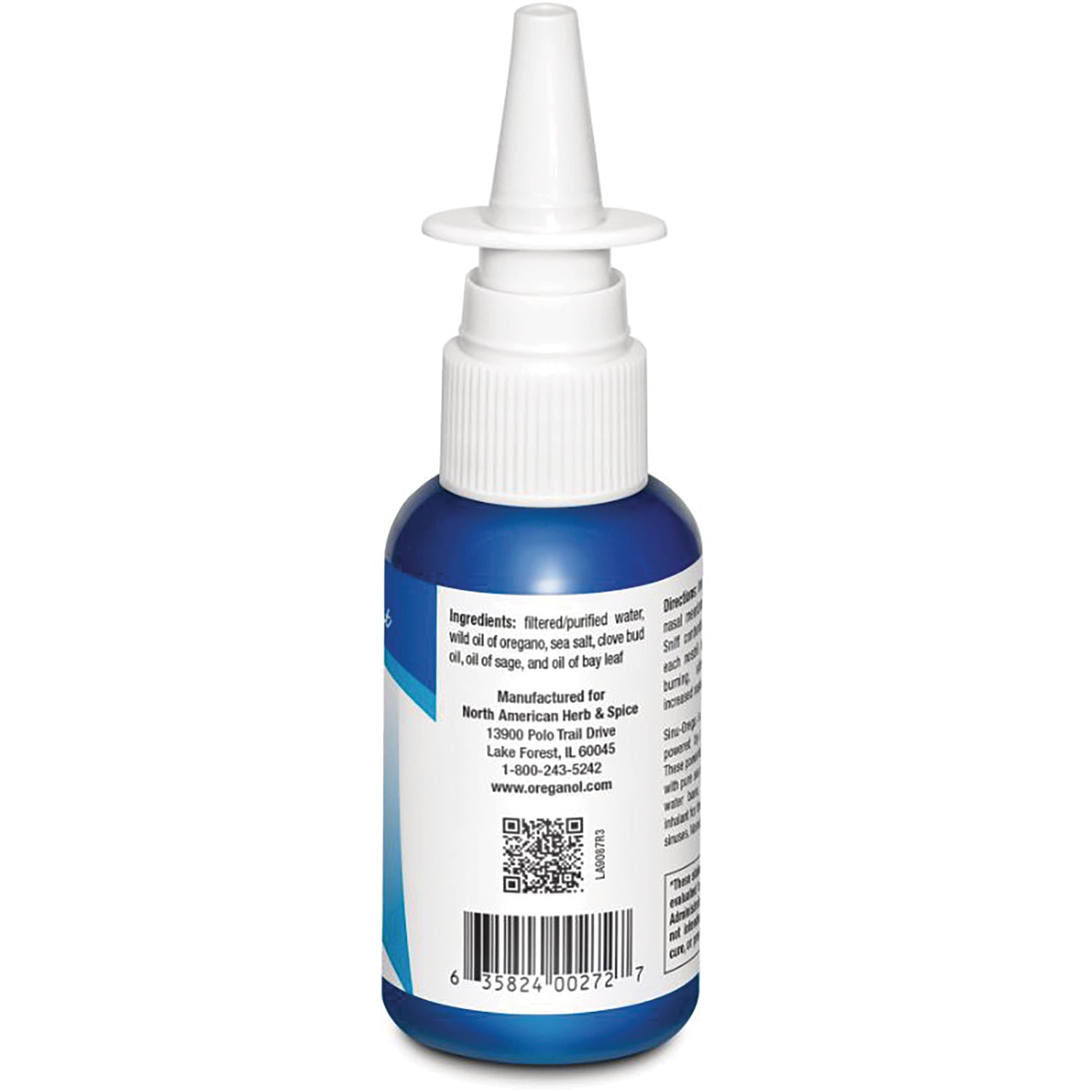NHS025 | back of blue nasal spray bottle showing ingredient list barcode QR code and white nozzle