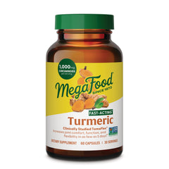 MGF144 | MegaFood Turmeric supplement bottle front showing 1,000 mg curcuminoids label, 60 capsules
