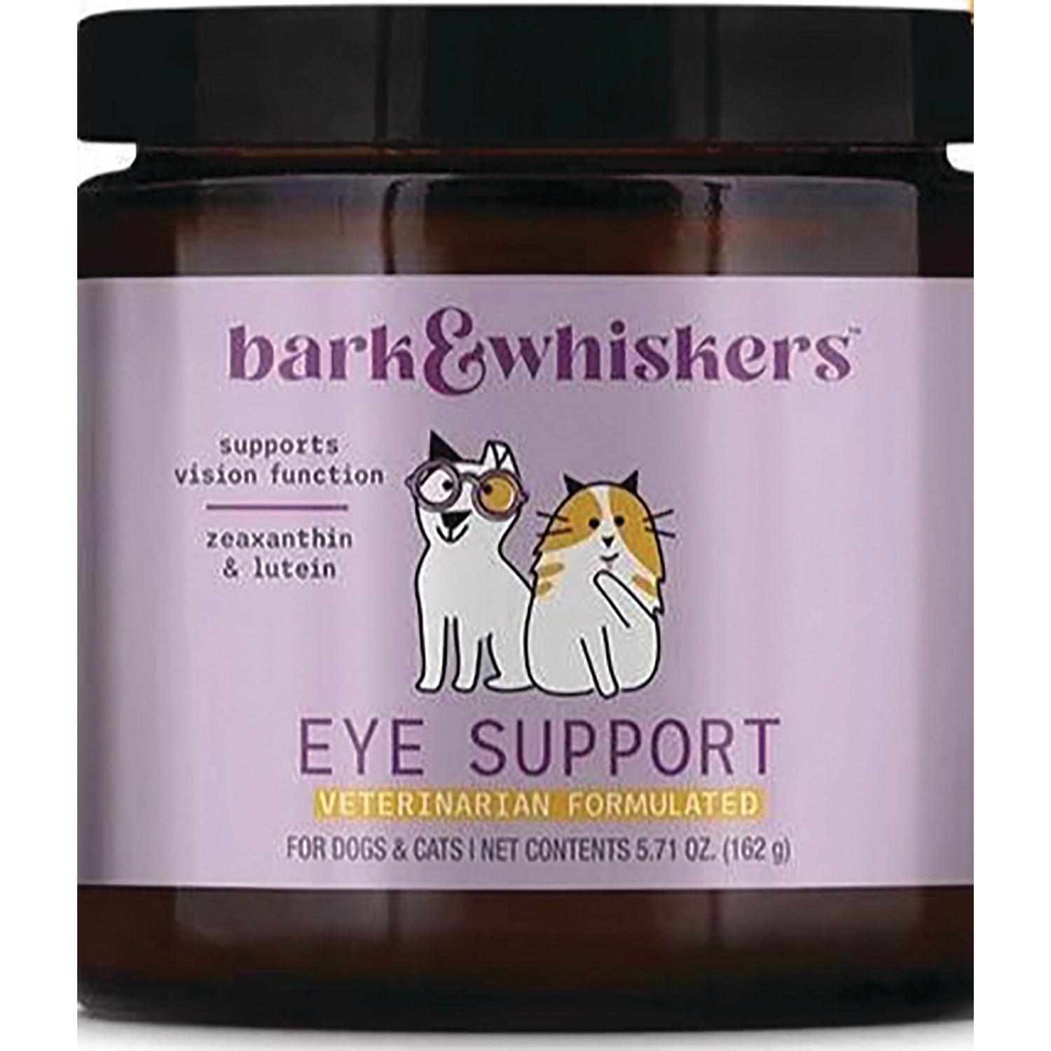 MRC115 | Bark & Whiskers Eye Support jar label with two illustrated cats, veterinarian formulated for dogs & cats