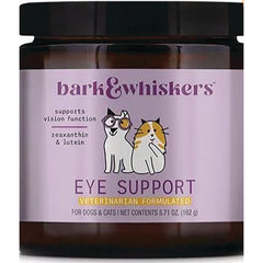 MRC115 | Bark & Whiskers Eye Support jar label with two illustrated cats, veterinarian formulated for dogs & cats