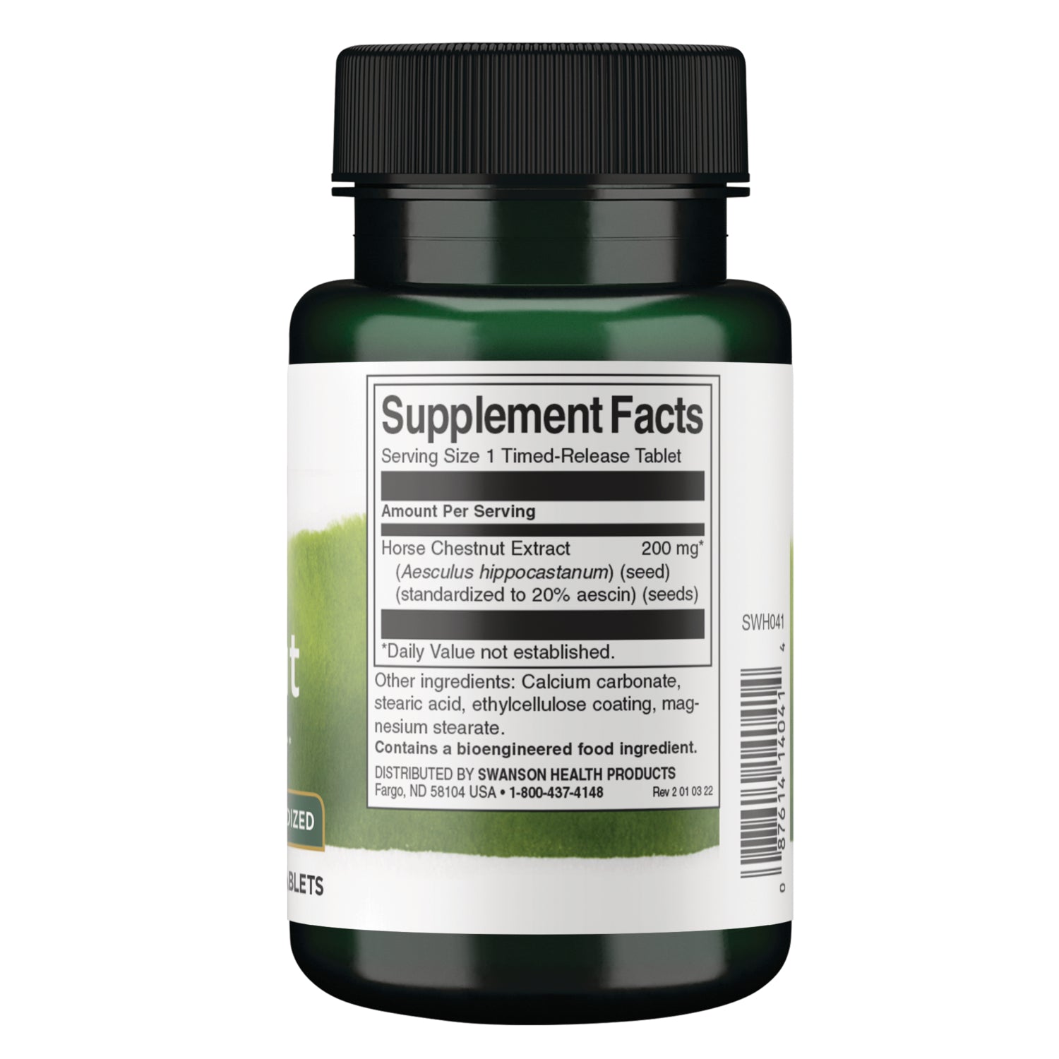 SWH041 | Back label with Supplement Facts for Horse Chestnut Extract 200 mg, serving size 1 timed-release tablet