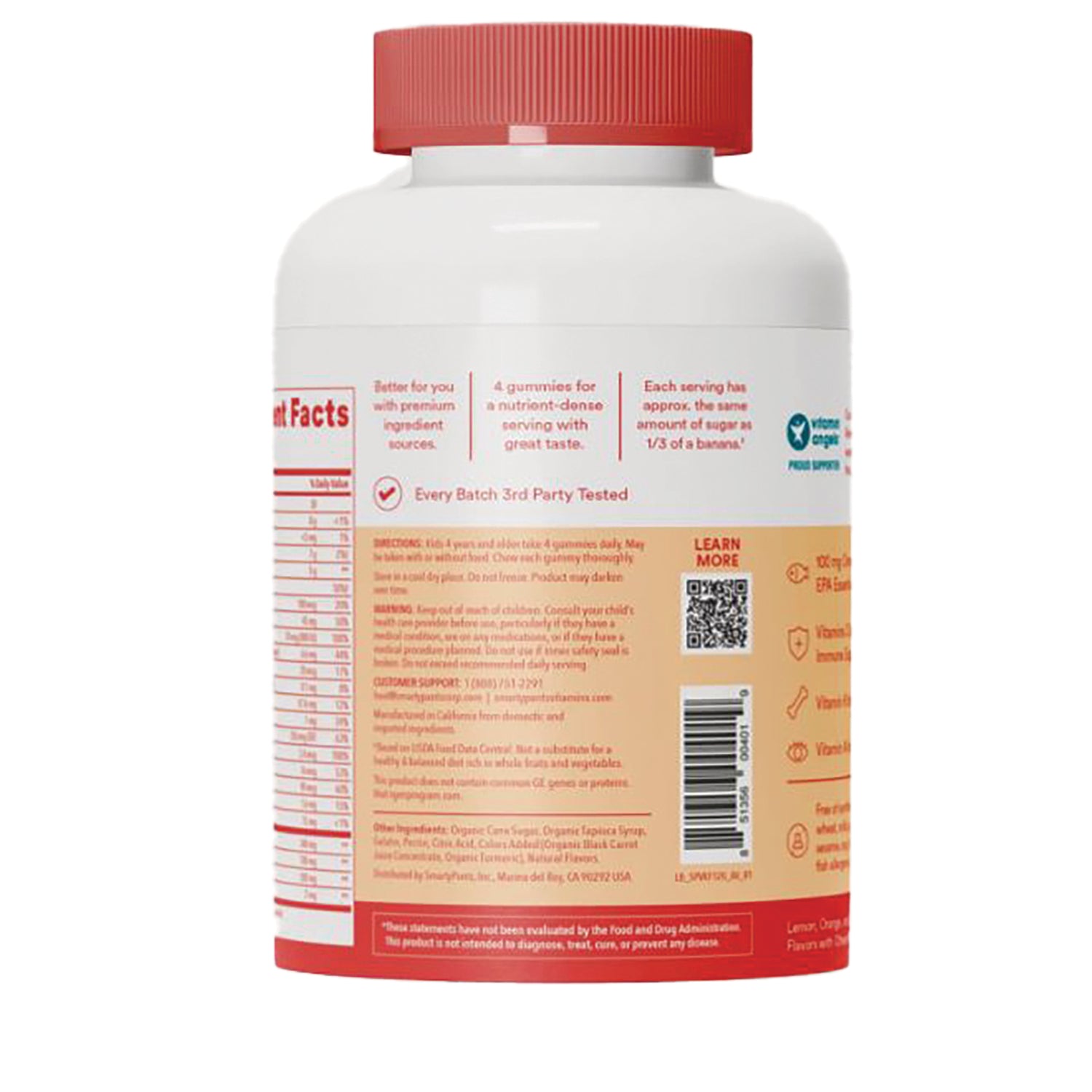 SMA002 | Back label with Supplement Facts, directions, Every Batch 3rd Party Tested, QR code, and barcode