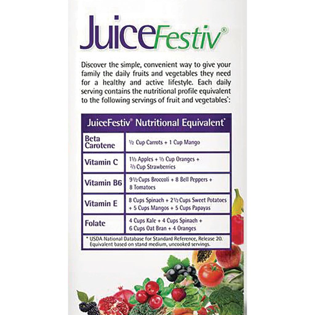 NA395 | JuiceFestiv back label showing nutritional equivalent table and fruit illustrations - Thumbnail