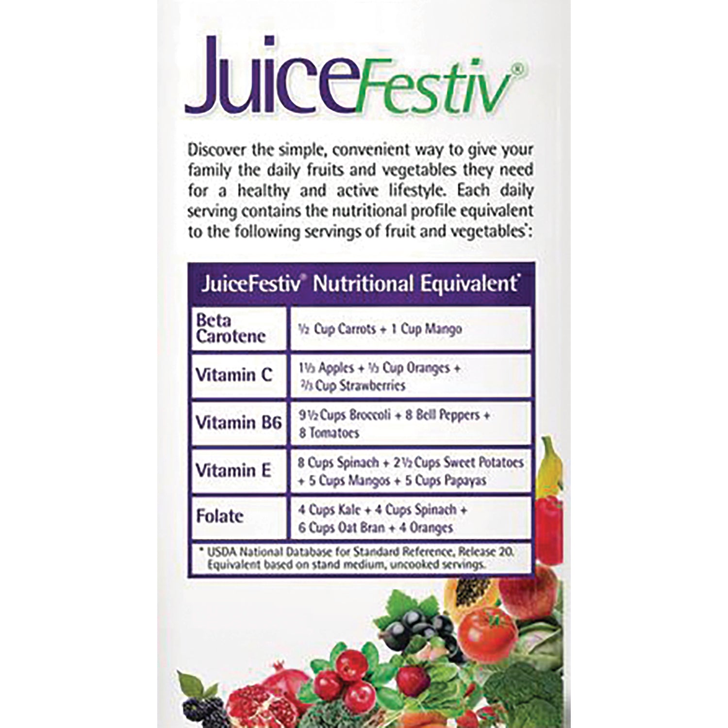 NA395 | JuiceFestiv back label showing nutritional equivalent table and fruit illustrations