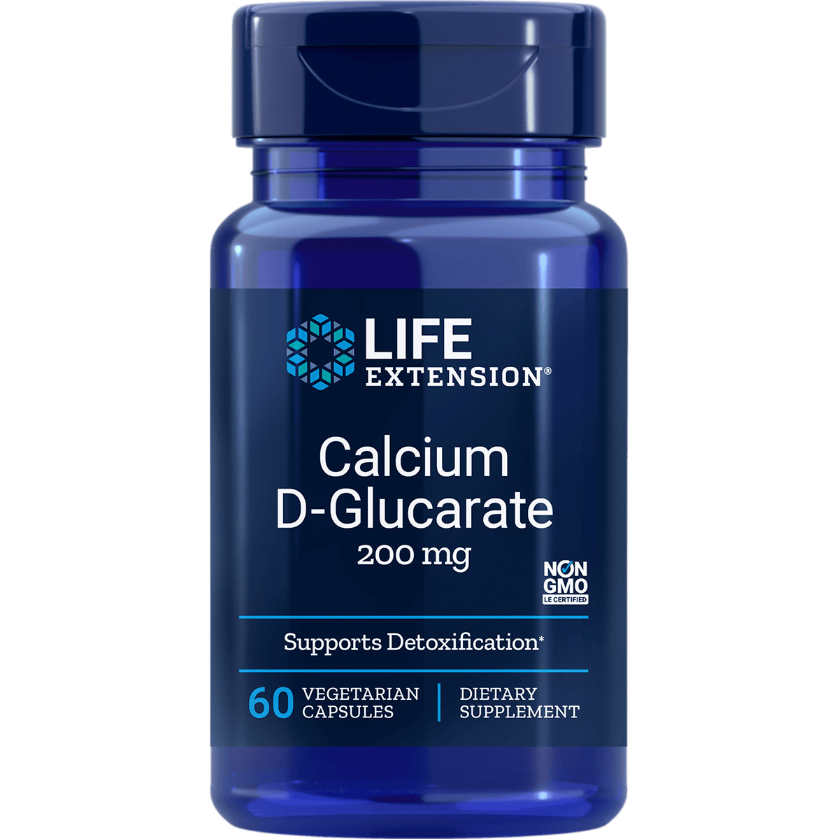 LE213 | Life Extension Calcium D-Glucarate 200 mg blue supplement bottle, 60 vegetarian capsules, NON GMO